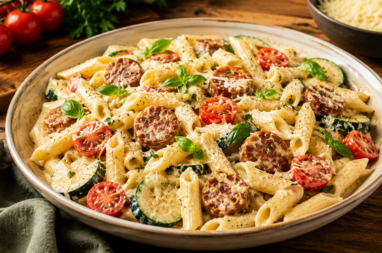 Romige Worstpasta met Courgette, Cherrytomaten en Graskaas van Stijn