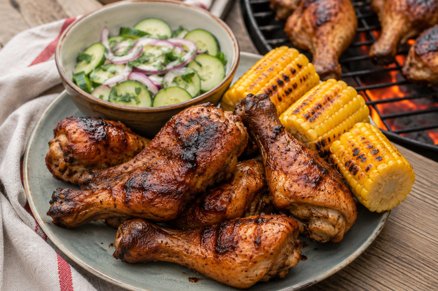 Sticky BBQ Drumsticks met Gepofte Maïs en Frisse Komkommersalade van Stijn