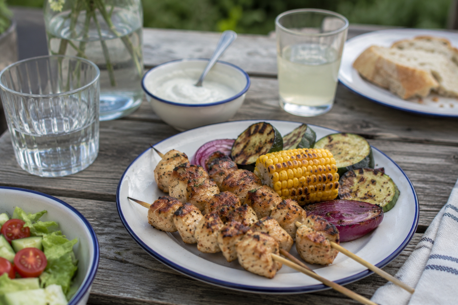 Honing Mosterd Kipspiesen met Gegrilde Courgette en Mais