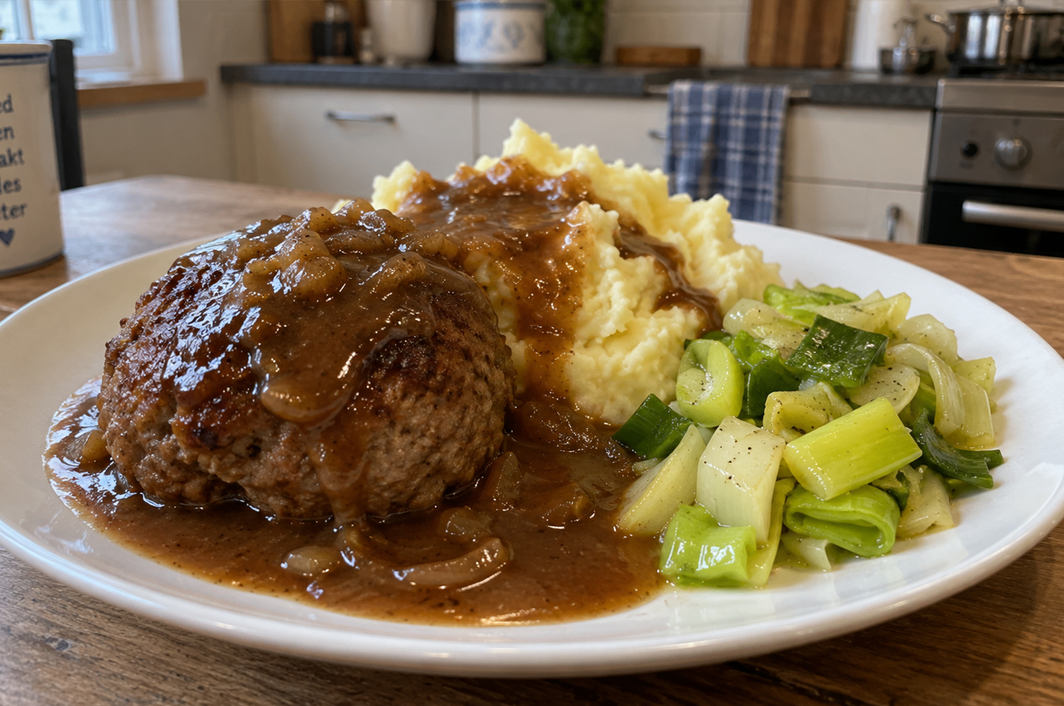 Van Stijns gehaktballen met ui, jus en aardappelpuree
