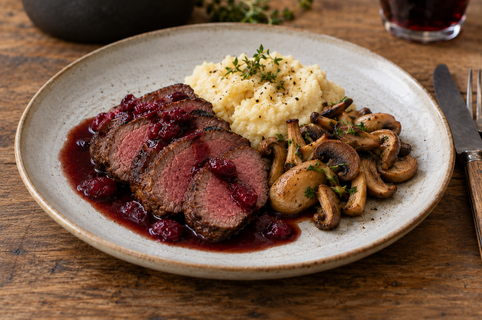 Hertenbiefstuk met cranberry-rodewijnsaus, paddenstoelen en knolselderijpuree. Ontdek dit heerlijke herfstige wildrecept van VanStijns!